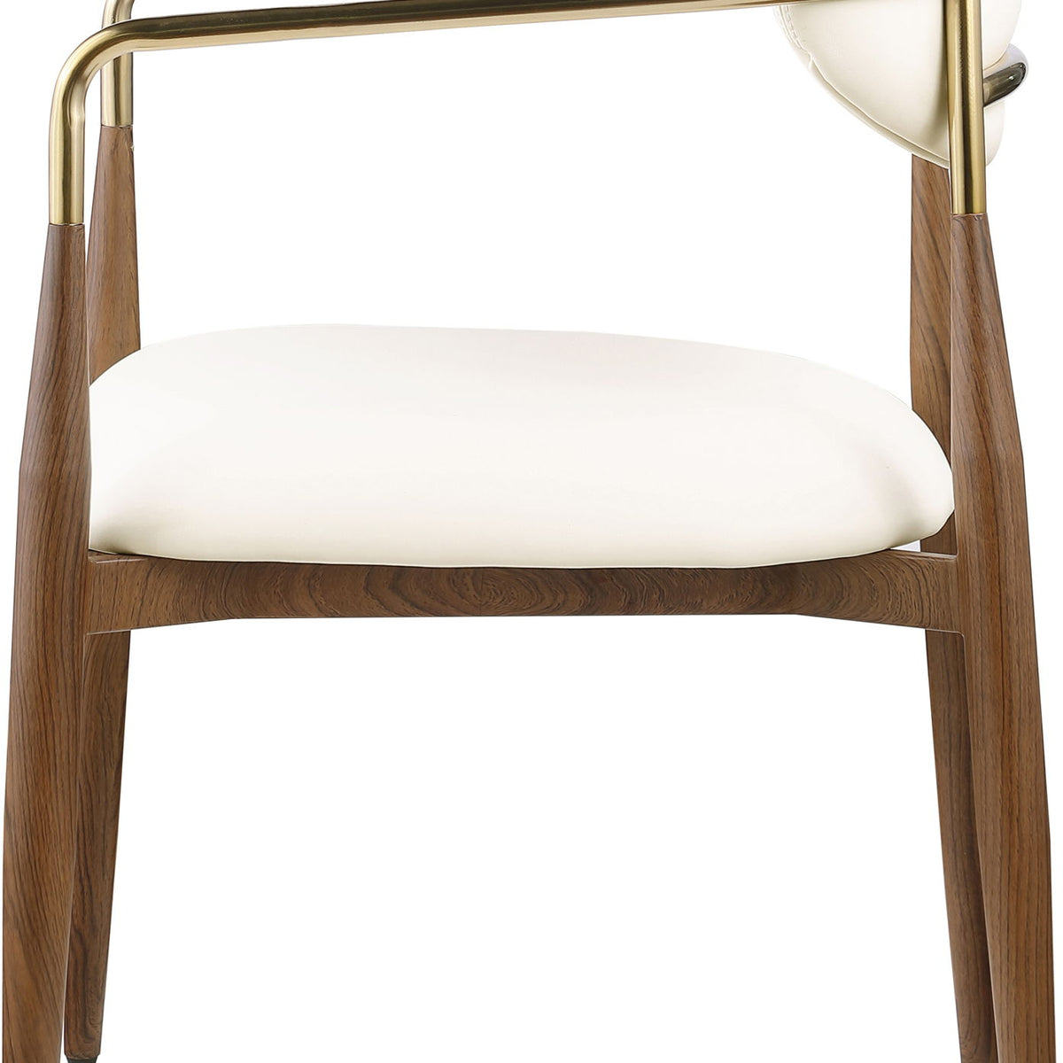 Light brown upholstered dining arm chair with gold arm frame and walnut legs