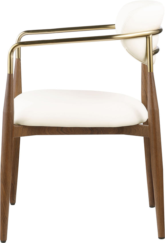 Light brown upholstered dining arm chair with gold arm frame and walnut legs