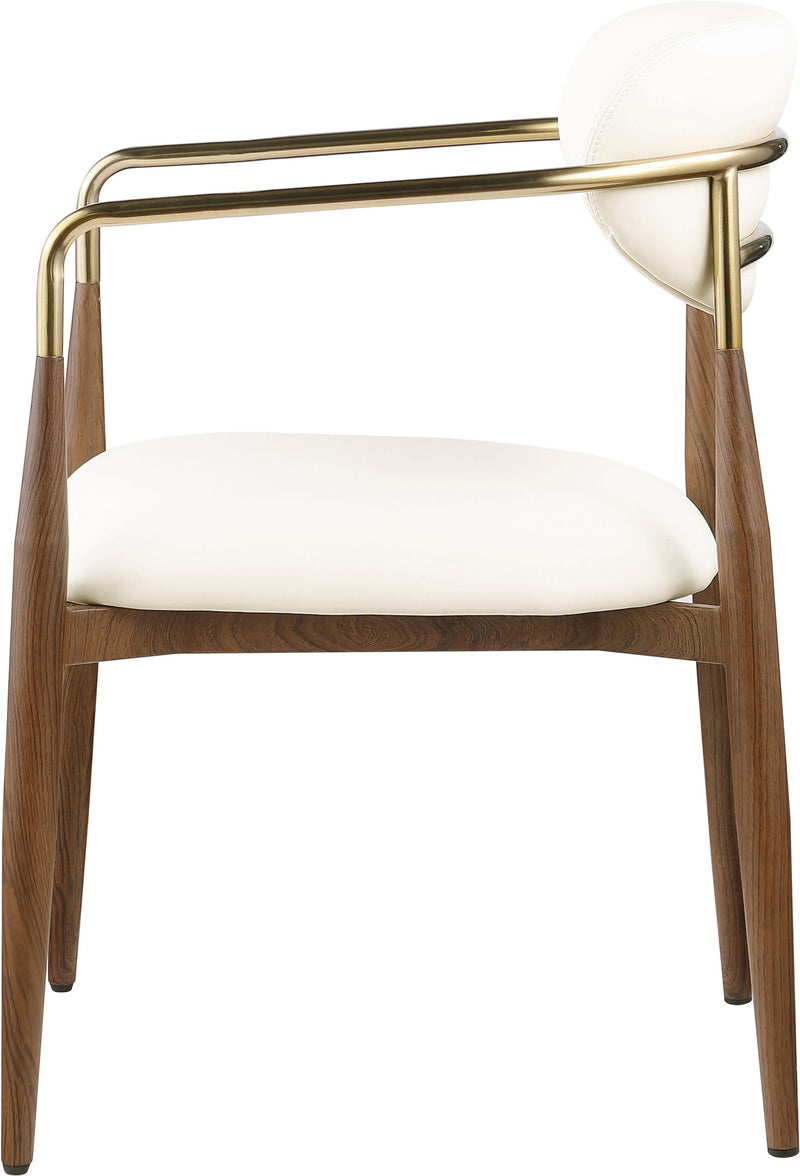 Light brown upholstered dining arm chair with gold arm frame and walnut legs