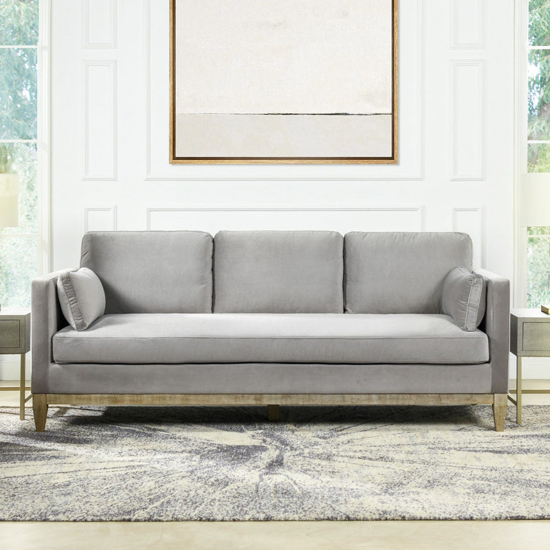 Modern farmhouse sofa, dark gray fabric with rolled arms and three-seat cushions
