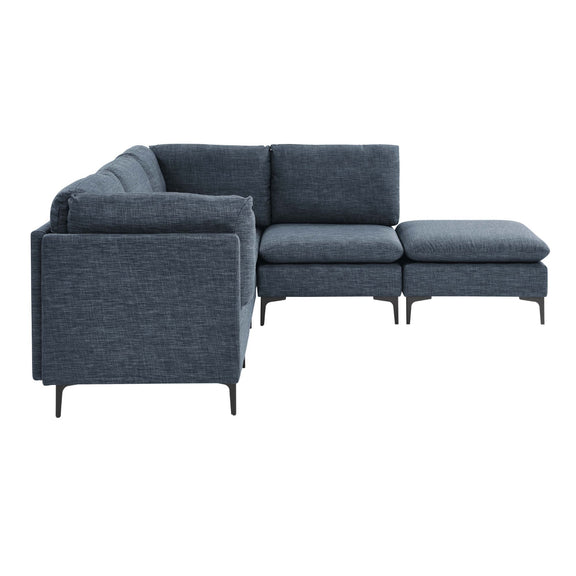Modular sectional sofa with tall legs, upholstered in blue-gray, chaise extension