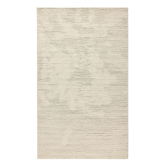 Oatmeal flatweave rug in light tan with thin horizontal lines and looped fibers