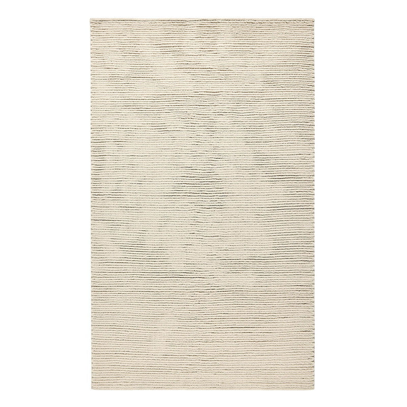Oatmeal flatweave rug in light tan with thin horizontal lines and looped fibers