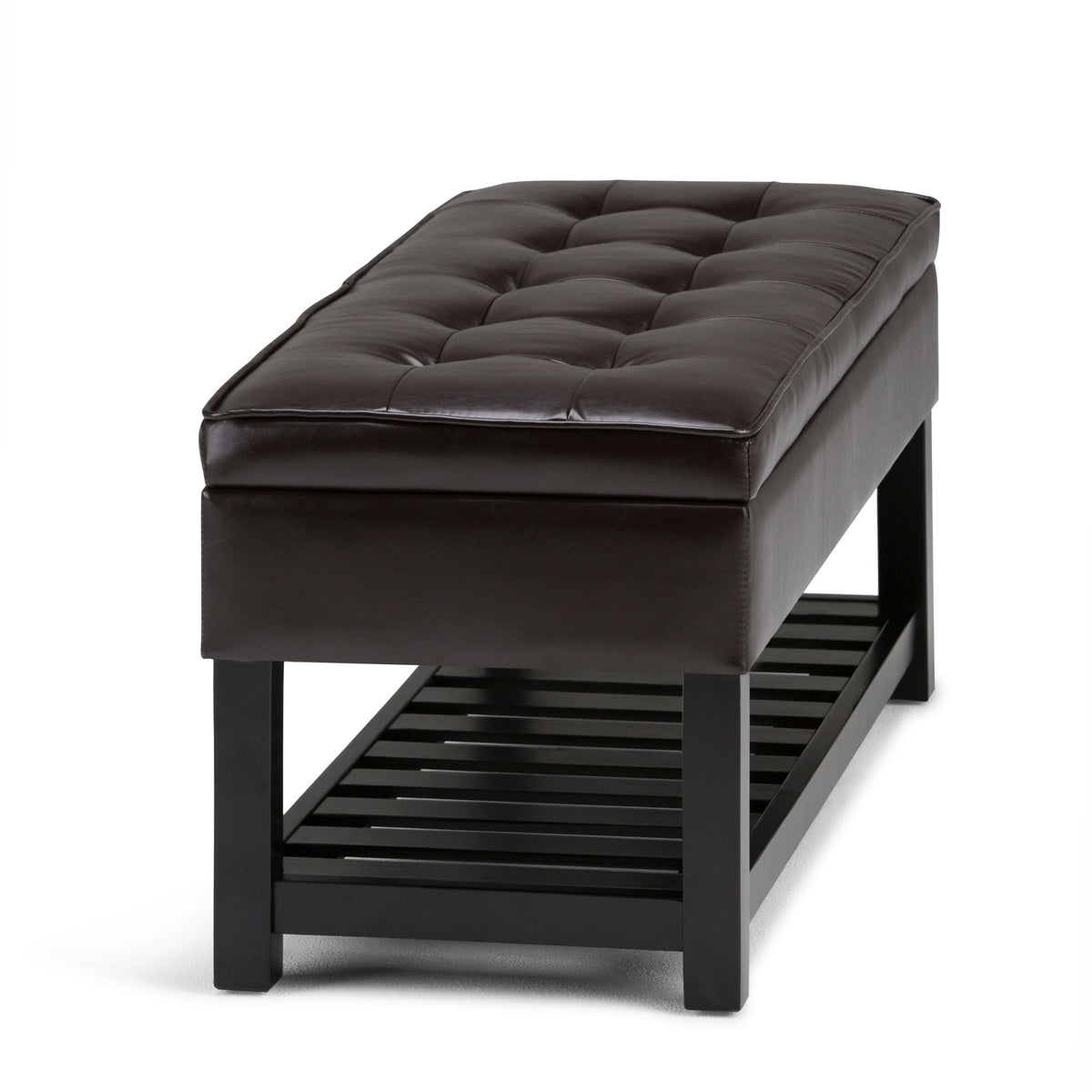 Brown storage ottoman bench with tufted top and open bottom slat base