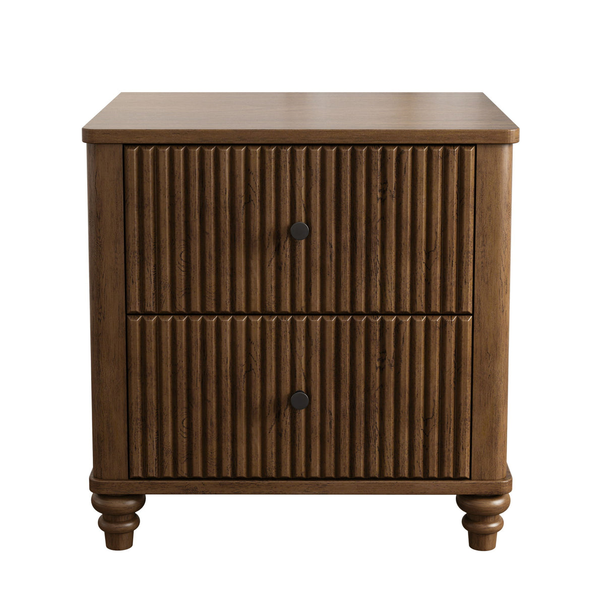Dark brown fluted 2-drawer nightstand with rounded legs and metal drawer pulls.