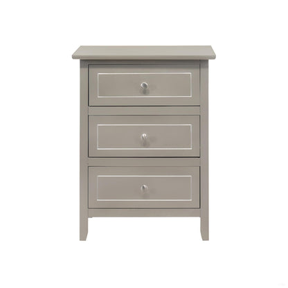 Three-drawer nightstand, pearl silver finish, three drawers with round metal knobs