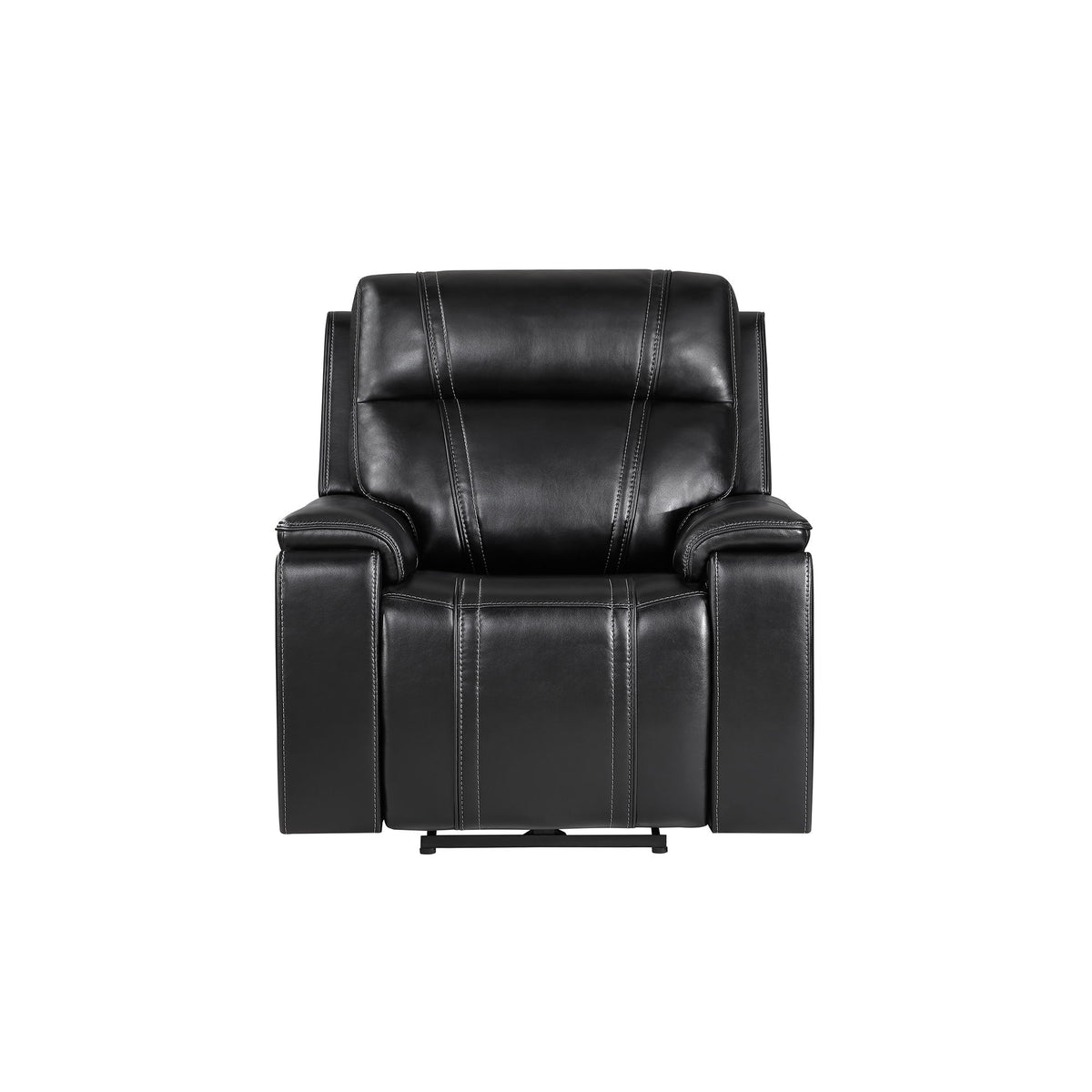 Black leather-look power recliner with padded arms, headrest, and base recline mechanism