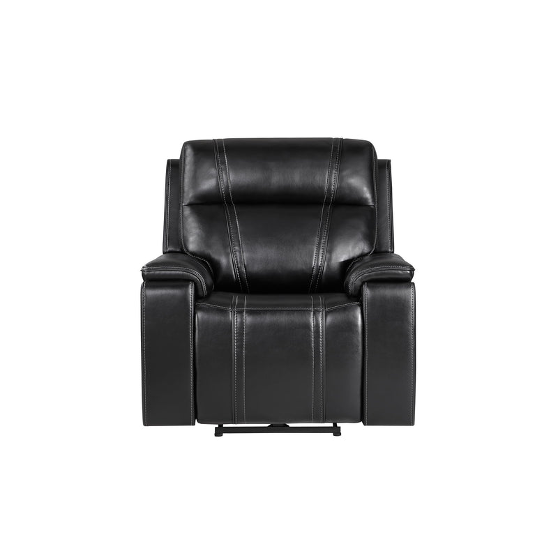 Black leather-look power recliner with padded arms, headrest, and base recline mechanism