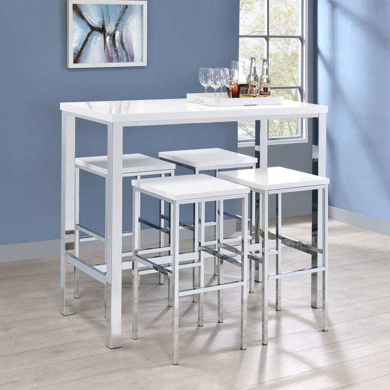 Gloss white bar table with four stools, open frame and lower shelves