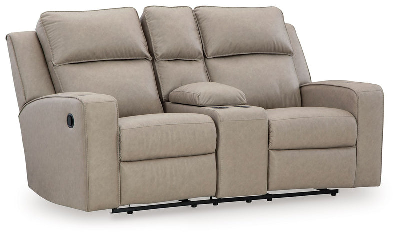Pebble upholstered reclining loveseat with console, two padded armrests and three back cushions