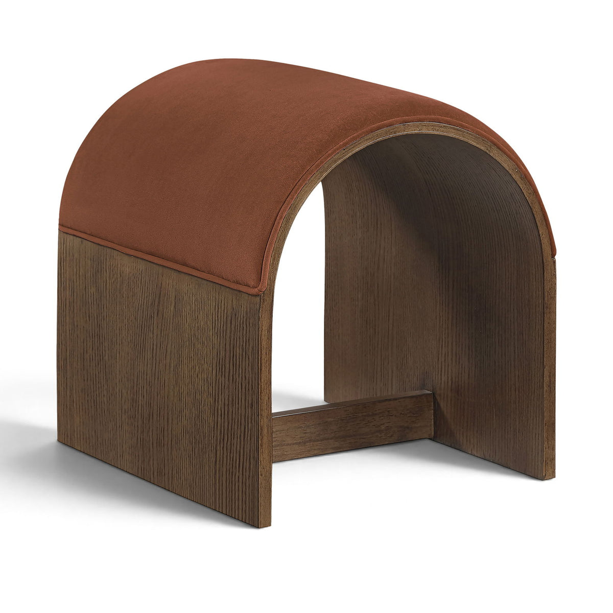 Rust velvet upholstered bench with arched back and dark wood base, open middle storage