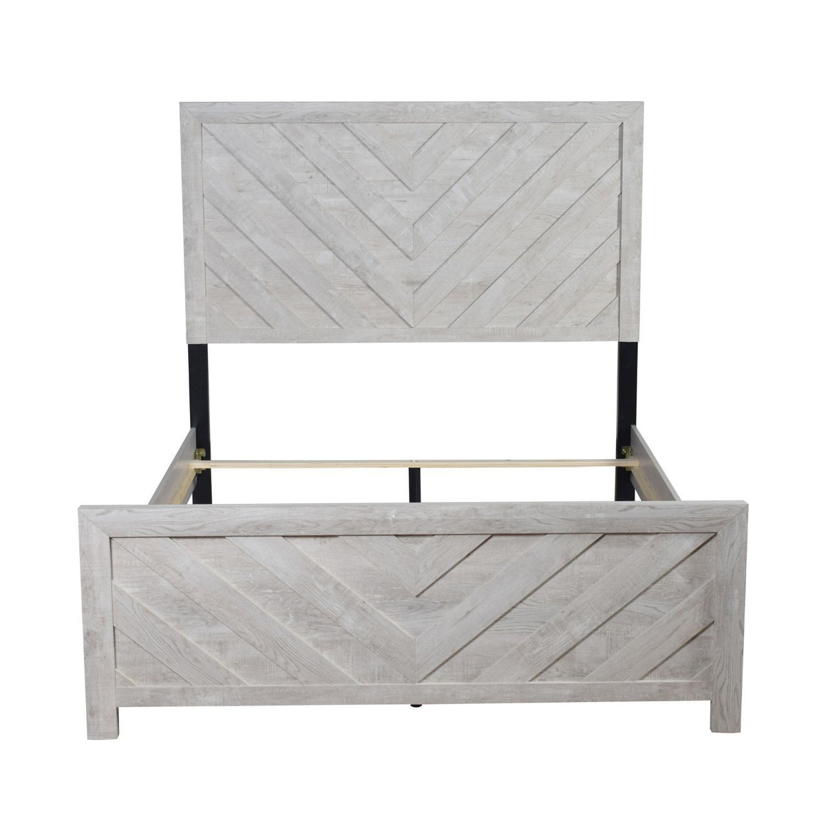 Modern bed frame with light gray chevron panel headboard and dark legs