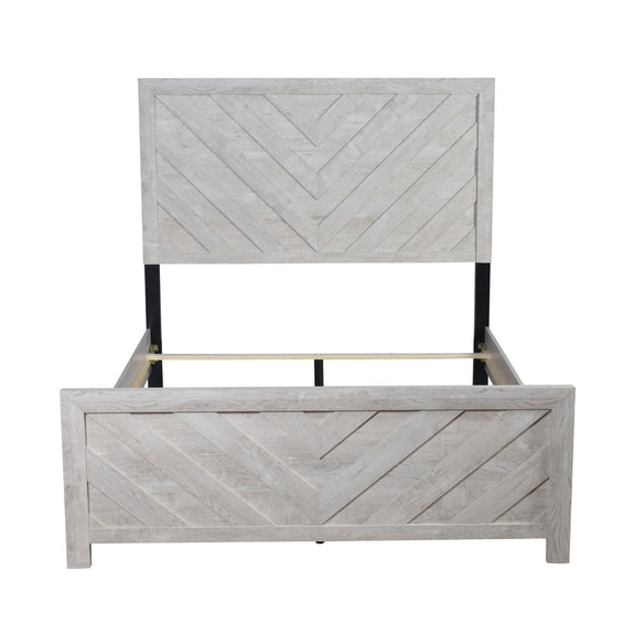 Modern bed frame with light gray chevron panel headboard and dark legs