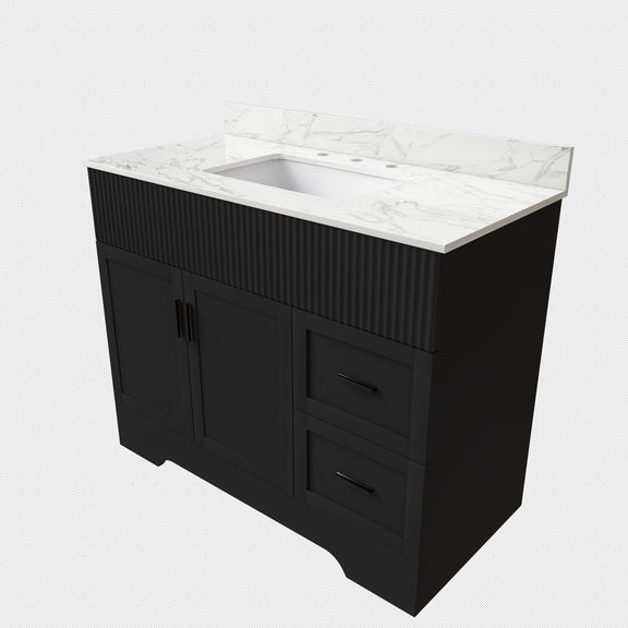 Black bathroom vanity set with white marble top, integrated sink, and three faucet holes