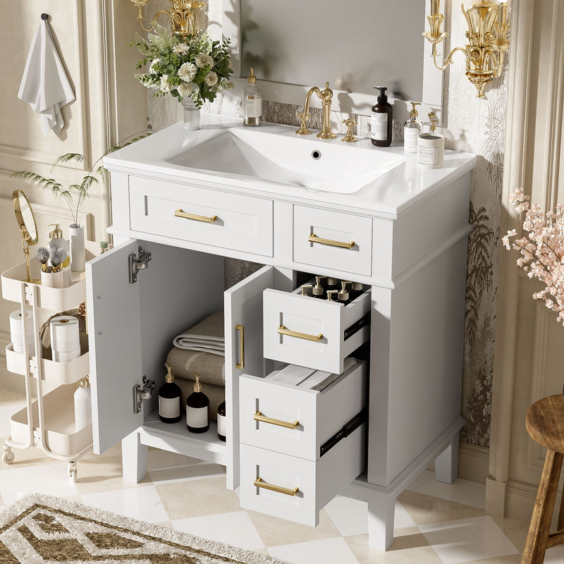 White bathroom vanity with sink, open storage cabinet, and gold drawer pulls