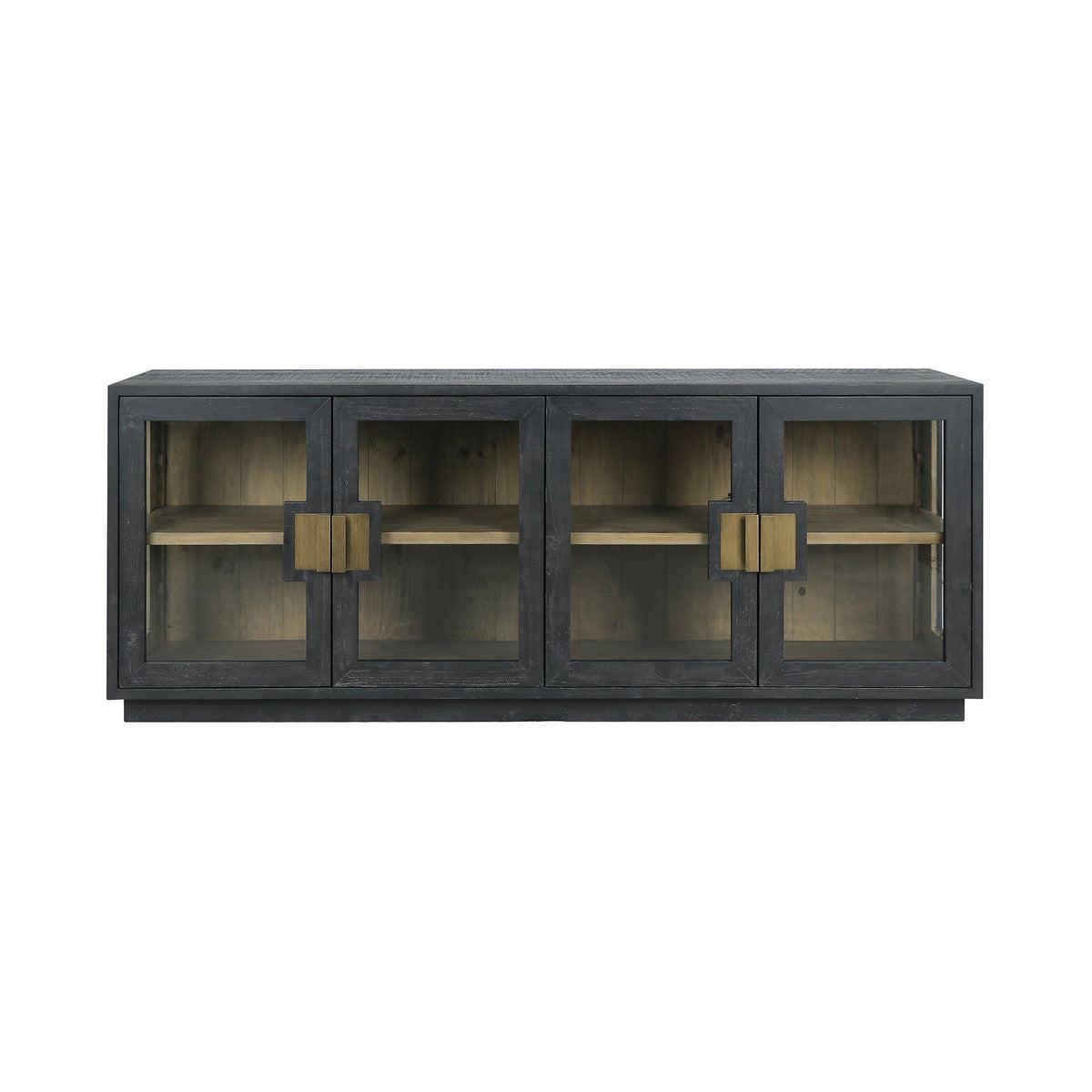 Black 4-door sideboard front with four glass doors and gold-tone geometric pulls