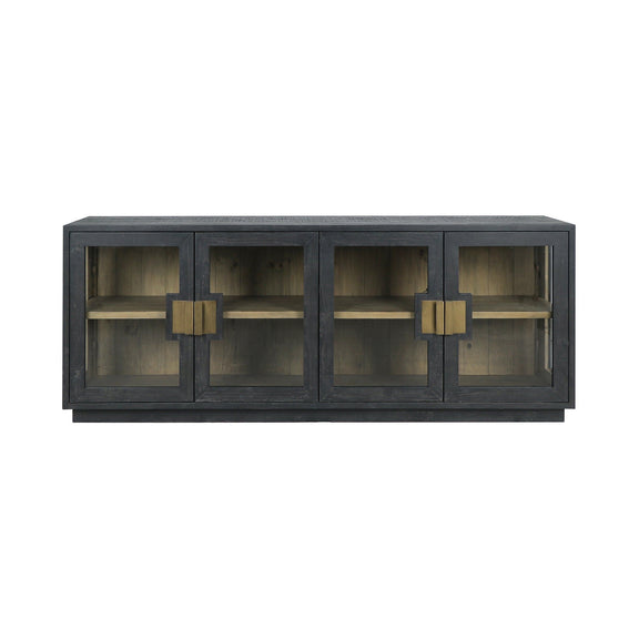 Black 4-door sideboard front with four glass doors and gold-tone geometric pulls