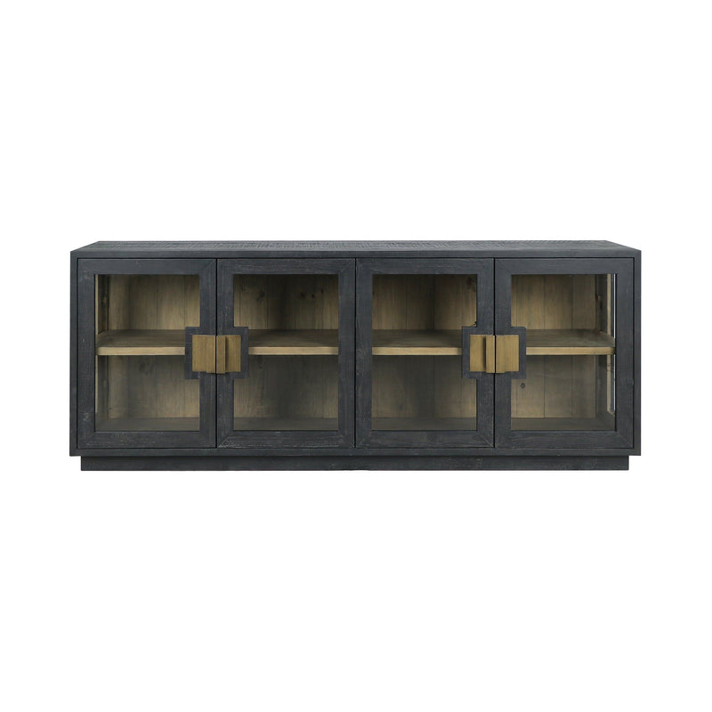Black 4-door sideboard front with four glass doors and gold-tone geometric pulls