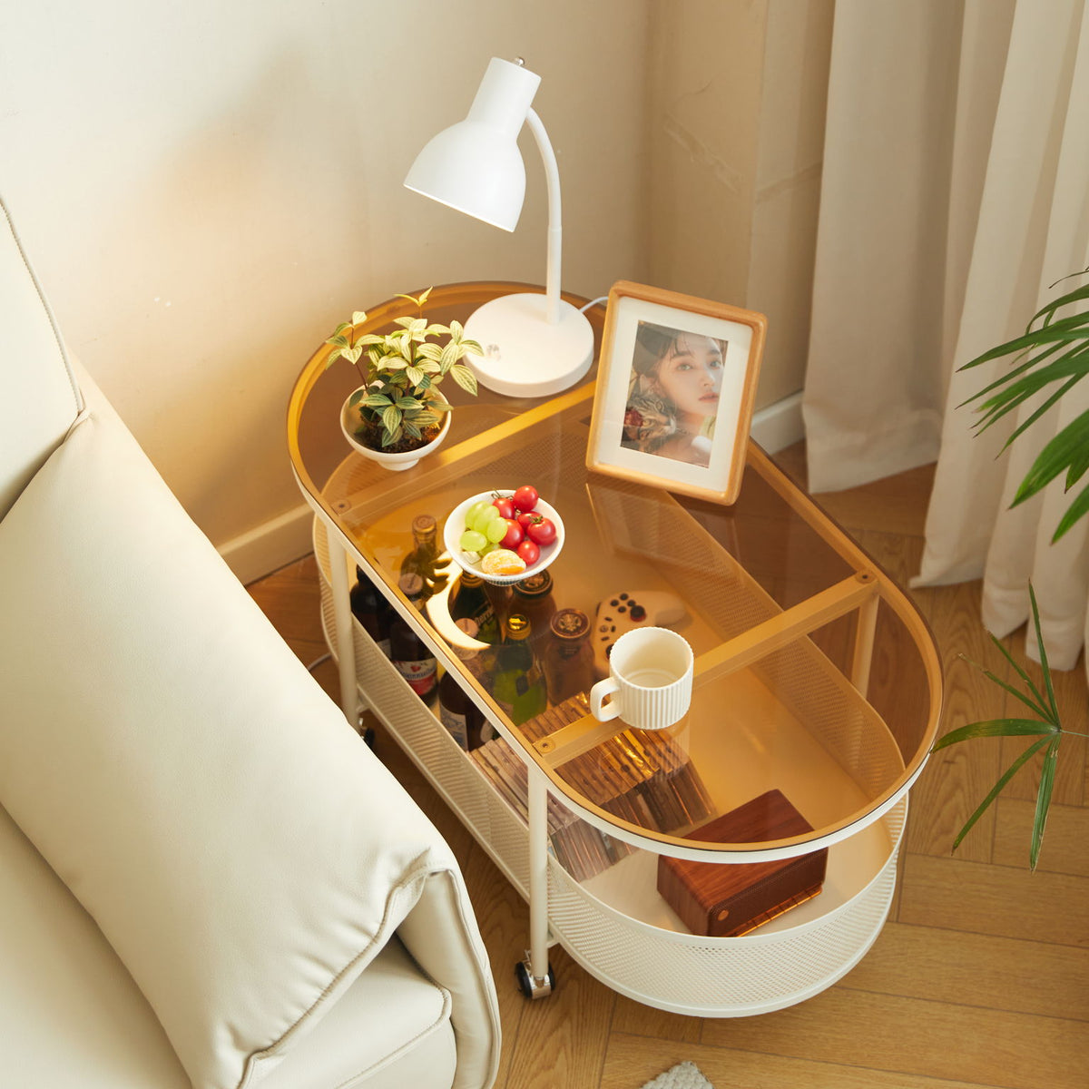 Movable Oval Metal Glass Coffee Table With Storage - White