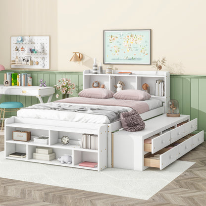 Full Bed with Bookcase Headboard, Under bed Storage Drawers and Bed End Storage Case, White