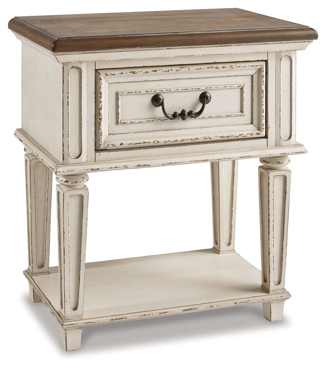Chipped white one-drawer nightstand with dark tabletop and double knob drawer pulls