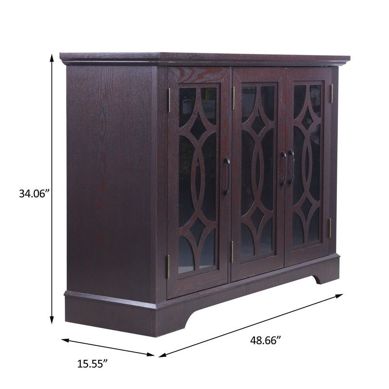 Ox blood red sideboard cabinet with three doors, vertical pulls, and glass panels