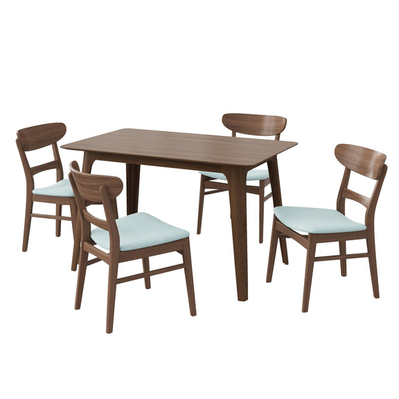 Walnut dining table with 4 chairs, mint upholstered seats and backs