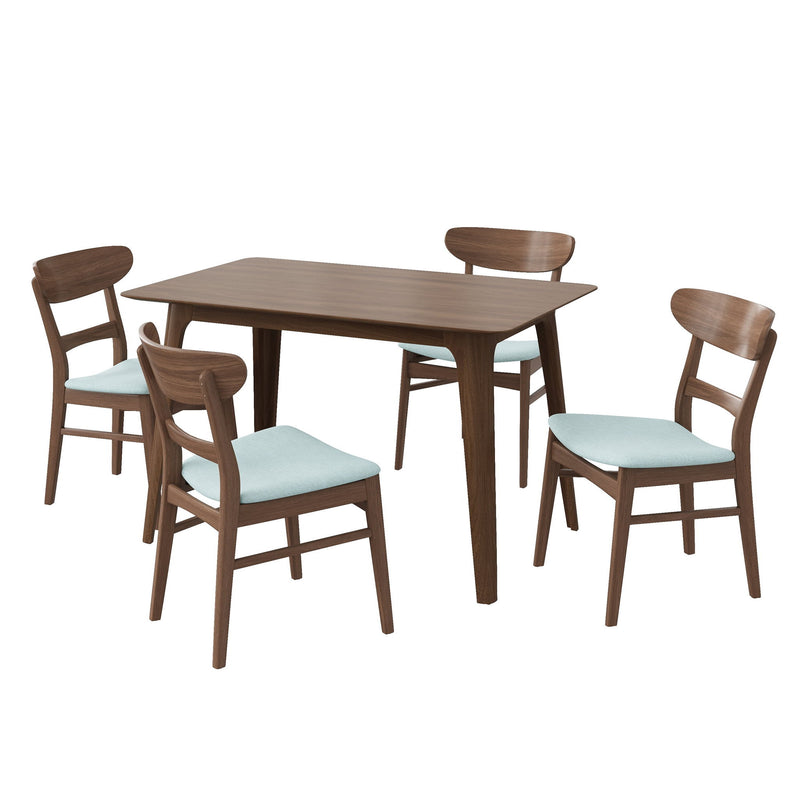 Walnut dining table with 4 chairs, mint upholstered seats and backs