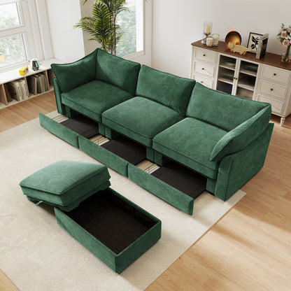 3-Seater L-Shaped Chenille Sectional Sofa - Green Chenille