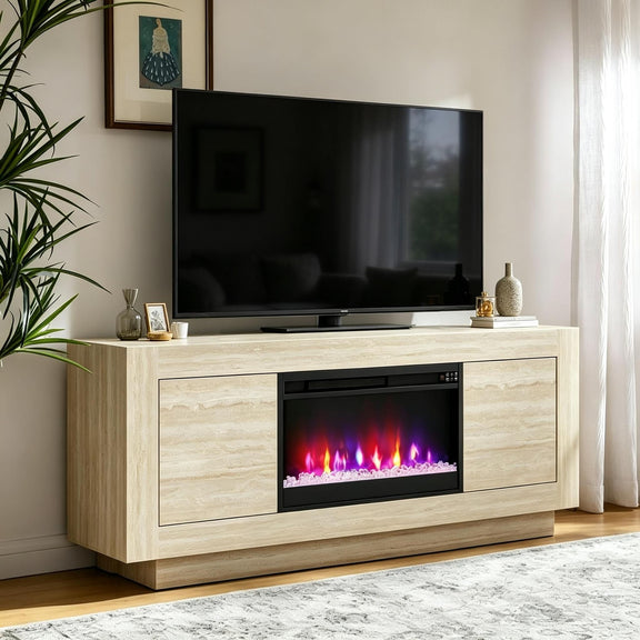 Beige media console with fireplace insert under TV shelf, two panel doors at sides