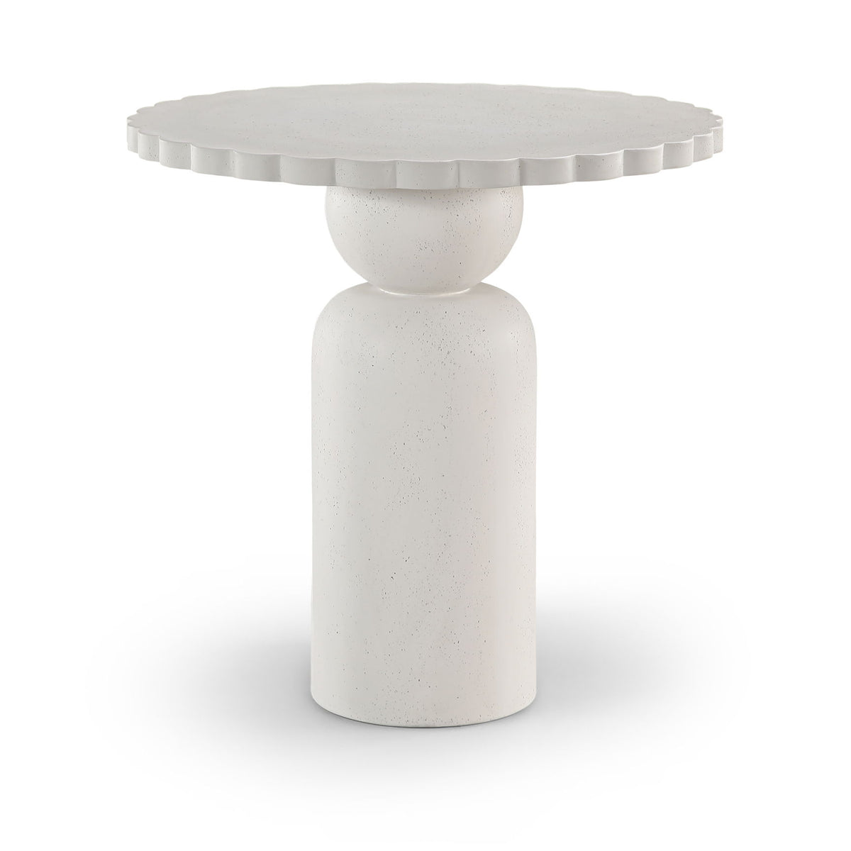Round indoor/outdoor table featuring a segmented rim top and smooth pedestal base in light white.