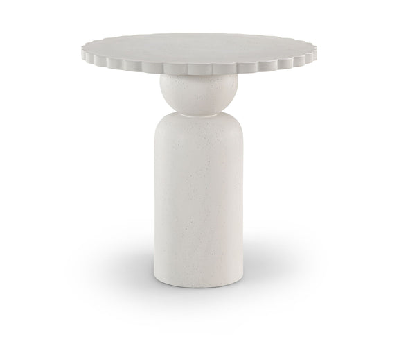 Round indoor/outdoor table featuring a segmented rim top and smooth pedestal base in light white.