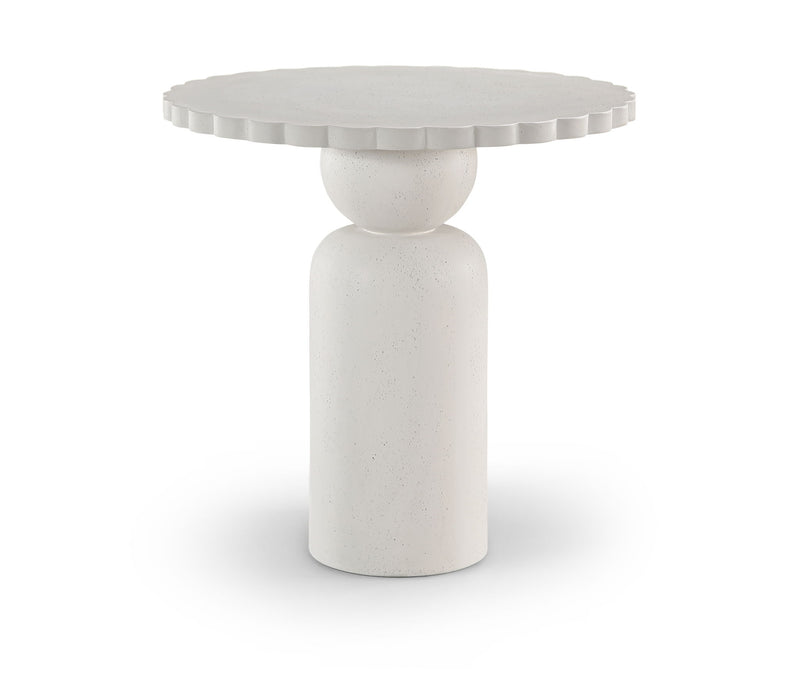 Round indoor/outdoor table featuring a segmented rim top and smooth pedestal base in light white.