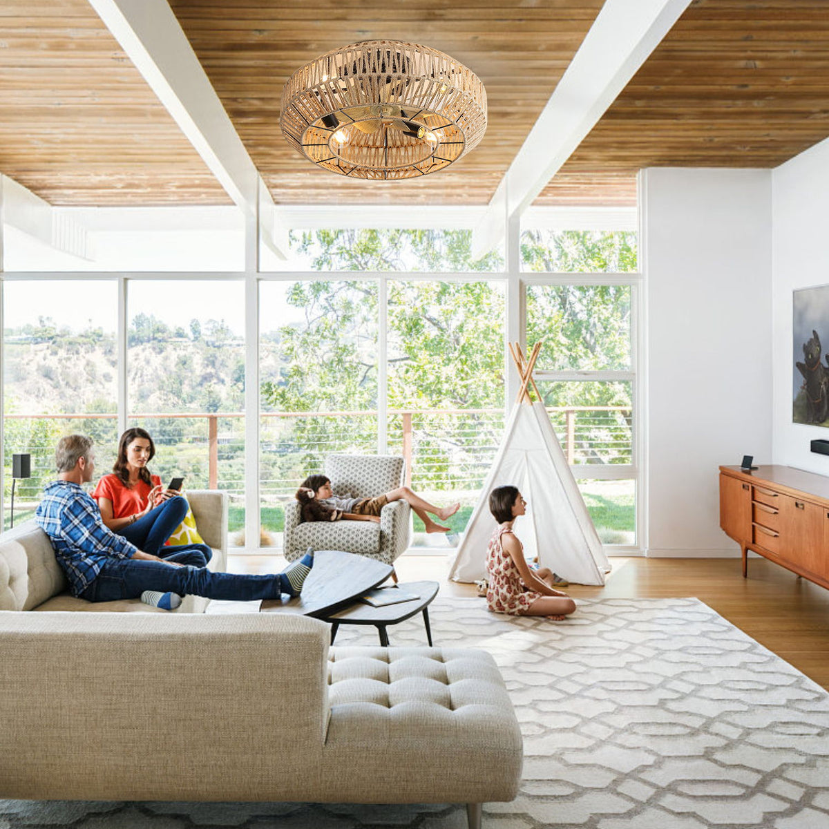 Rattan caged ceiling fan with integrated light and three blades on a ceiling