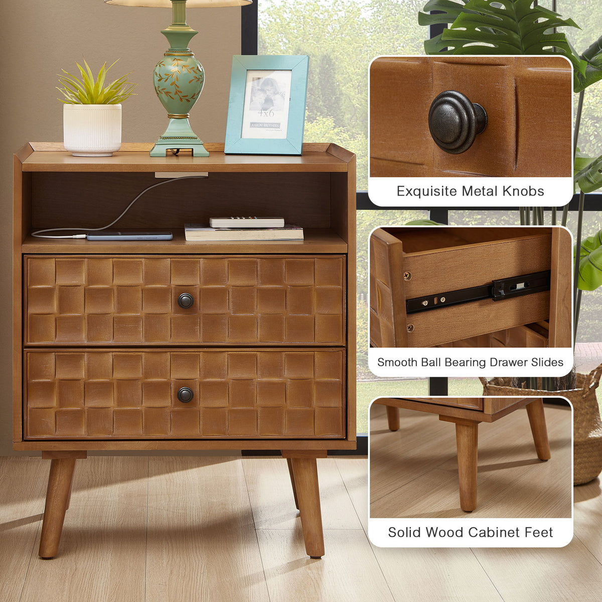 Light brown nightstand with two drawers and open shelf; detail views show knobs, slides, and feet