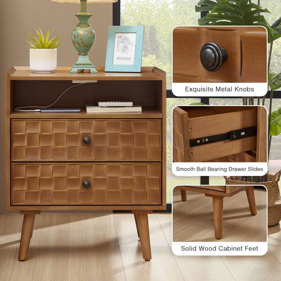 Light brown nightstand with two drawers and open shelf; detail views show knobs, slides, and feet