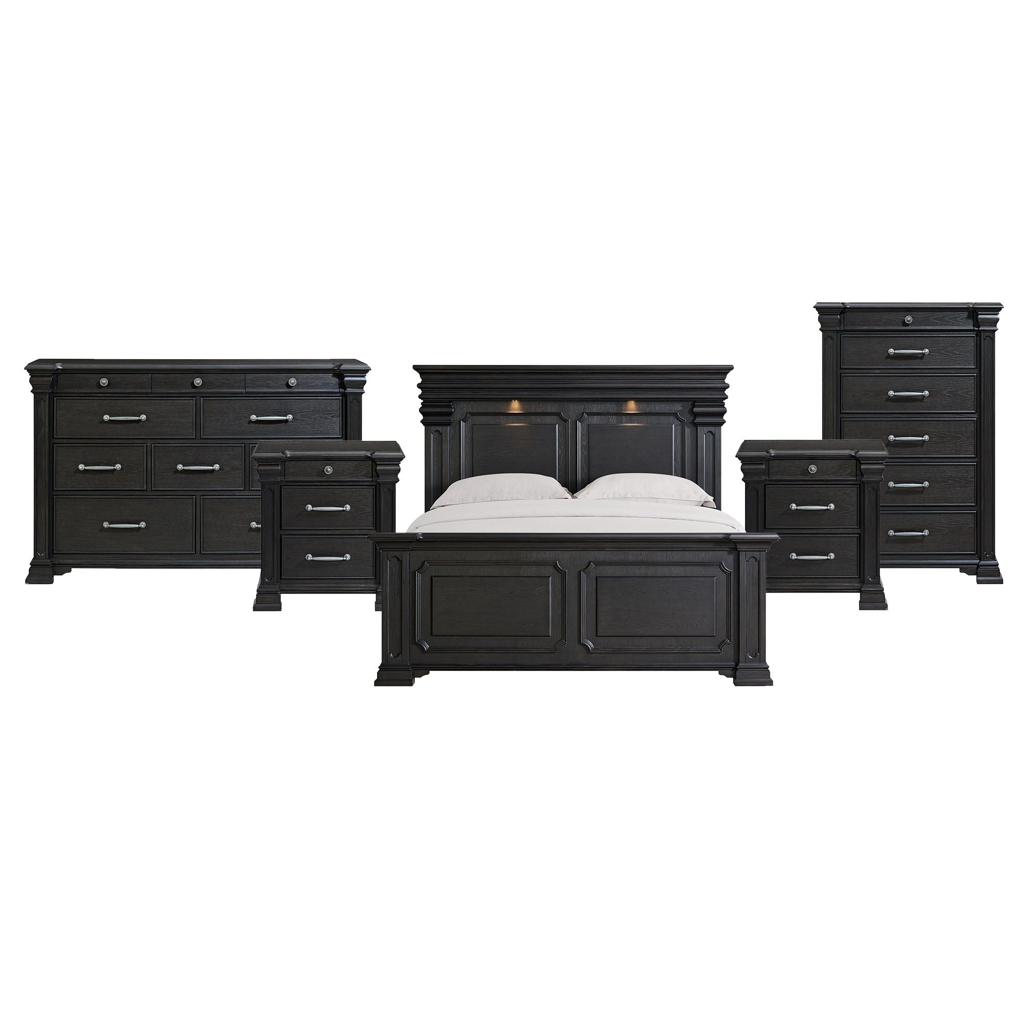 Black wood bedroom set with sleigh bed, dresser, two nightstands, and chest