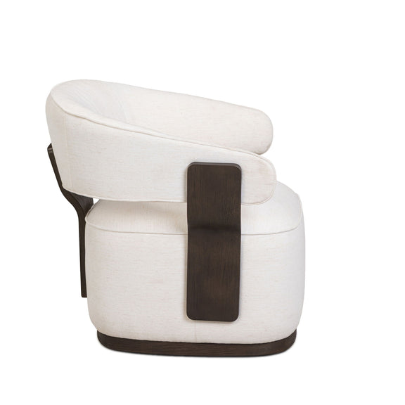 Swivel accent chair in off-white fabric with dark wood accent panel on front
