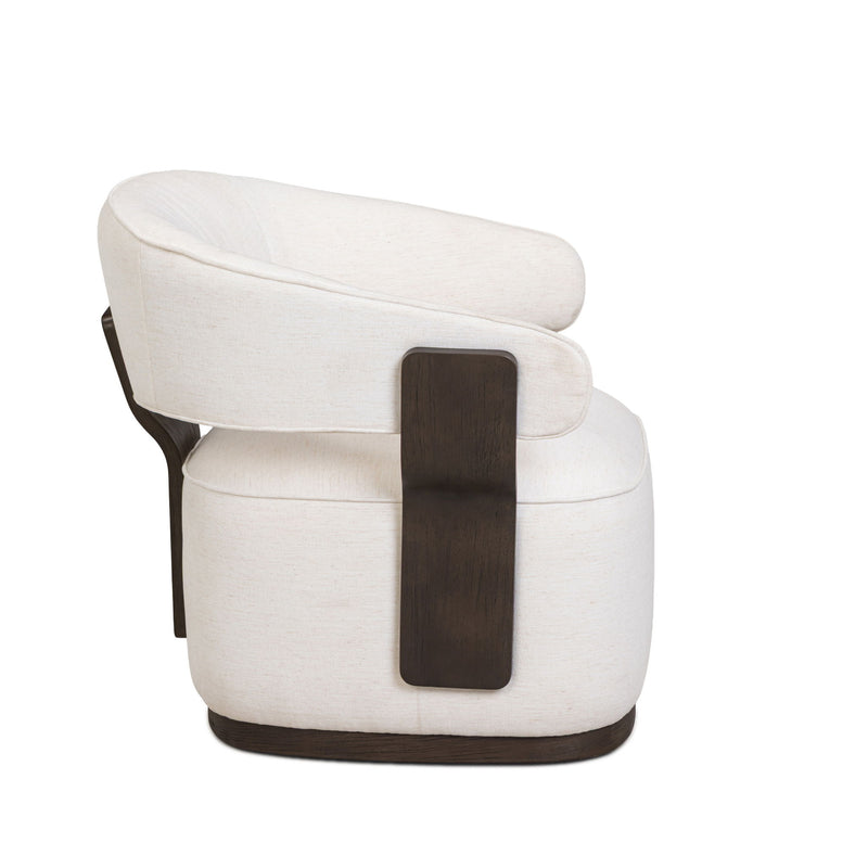 Swivel accent chair in off-white fabric with dark wood accent panel on front