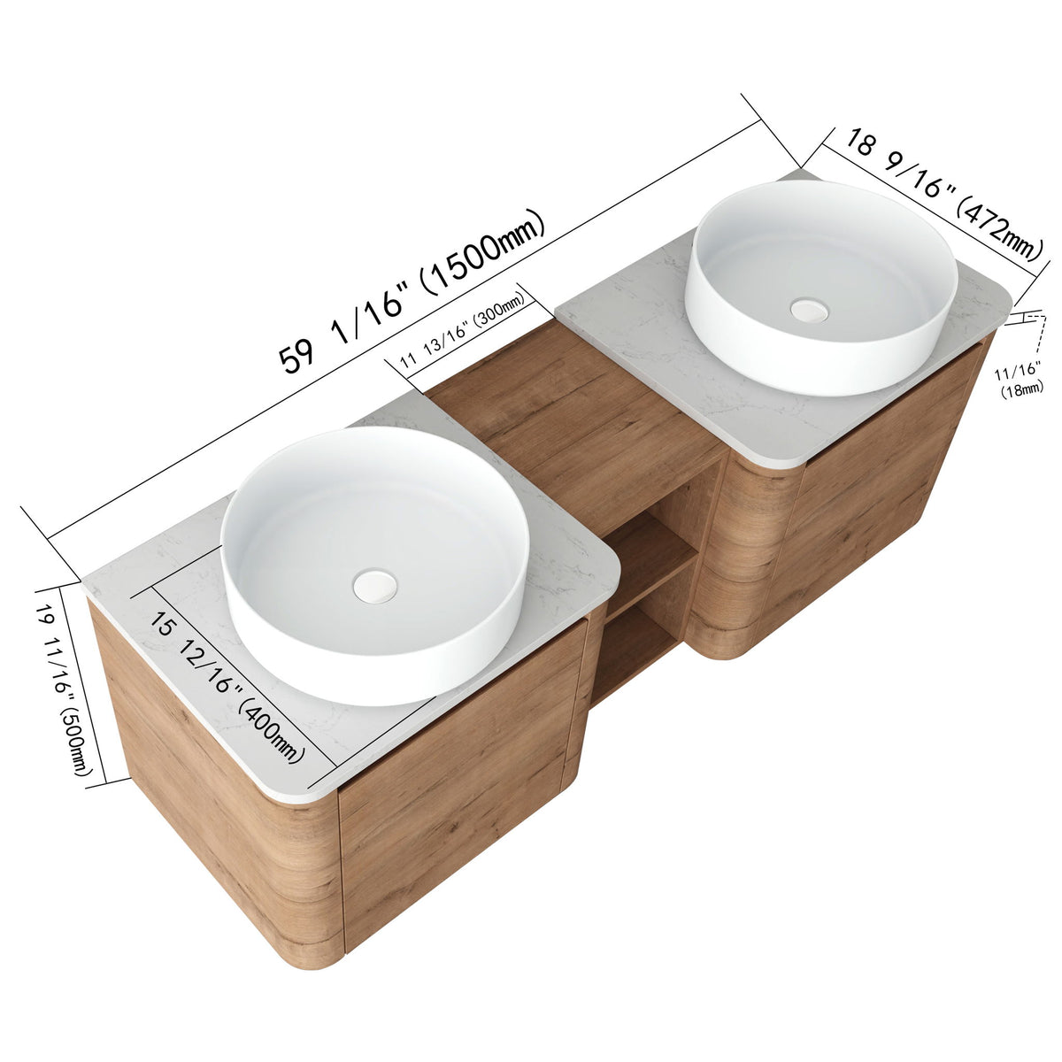 Bathroom vanity with two white vessel sinks, open center shelf, and size dimensions shown