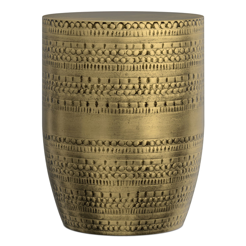 Gold metal drum accent table with embossed horizontal bands and flat round top