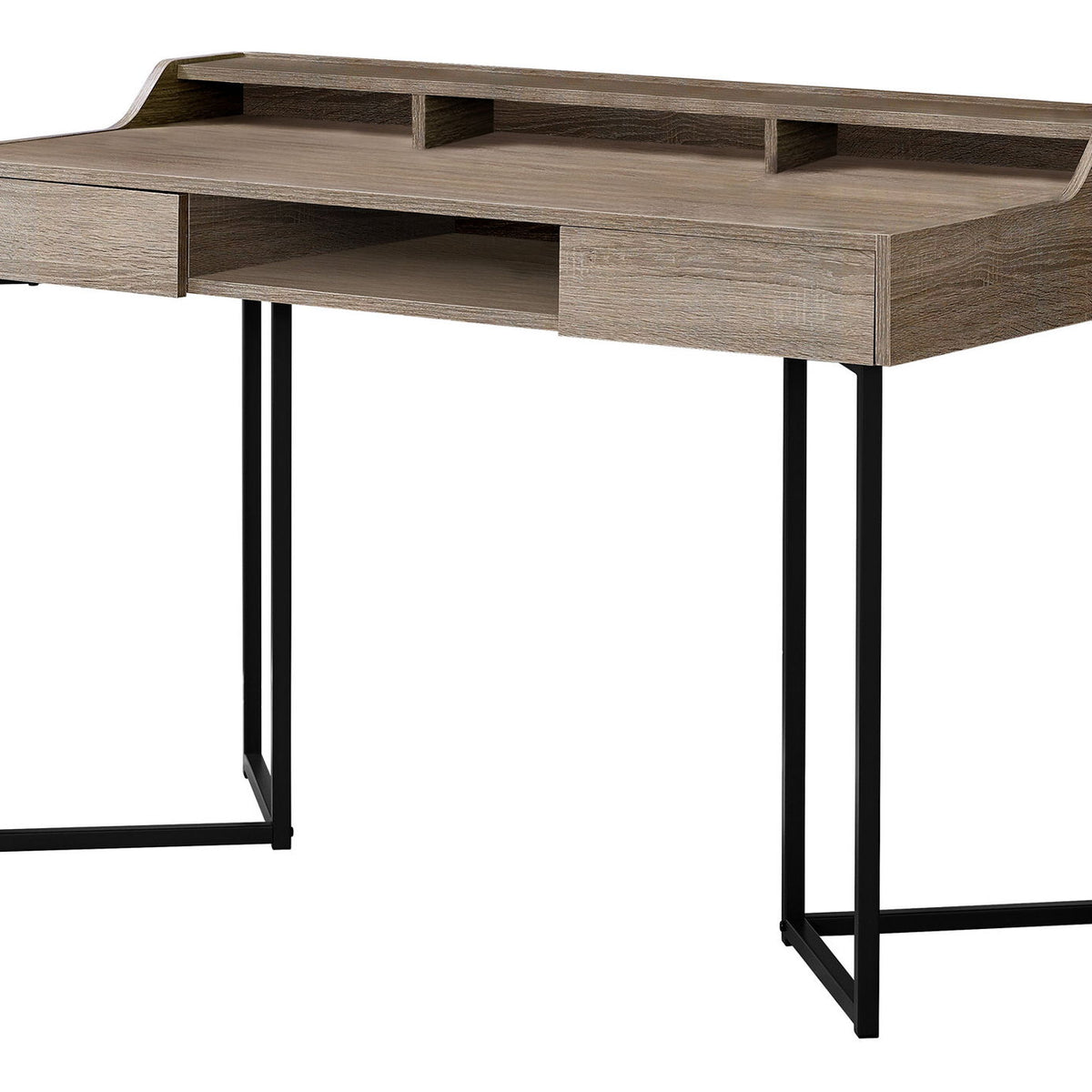 Dark brown computer desk with two drawers, open shelf, and black metal legs.