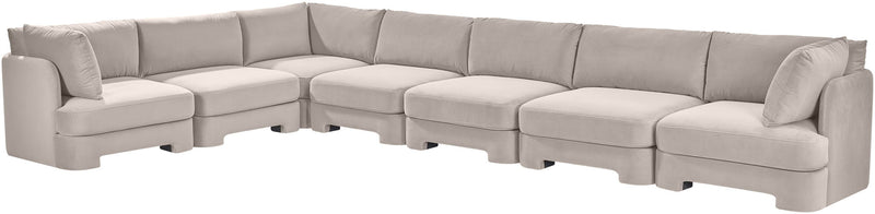 Velvet sectional sofa in light gray with modular corner seats and boxy arms