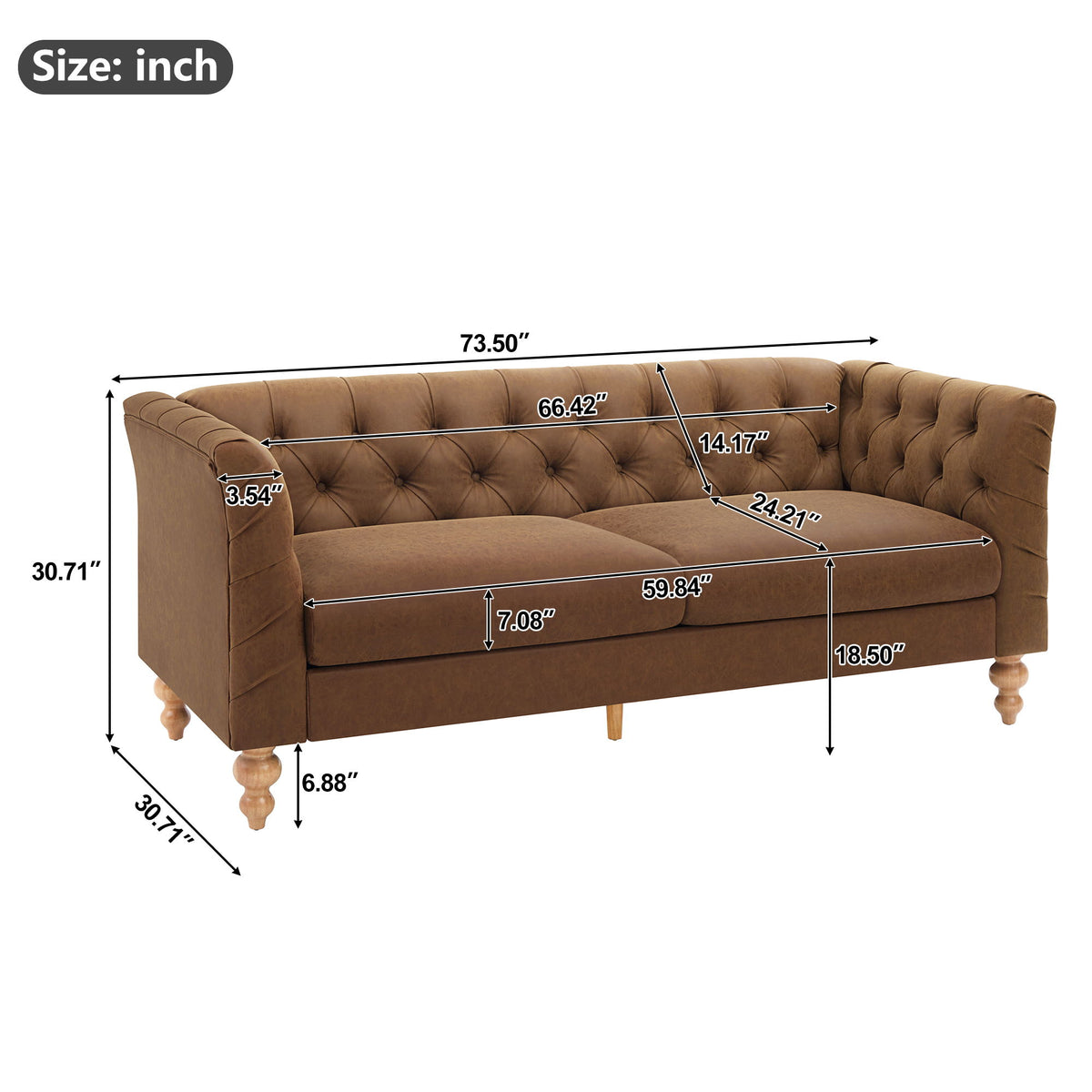 Light brown chesterfield-style sofa with tufted back, flared arms, and wooden legs