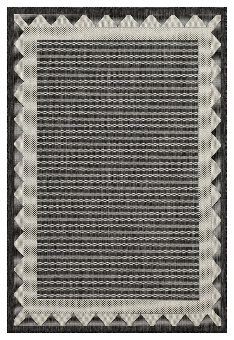 Dark gray striped area rug with cream zigzag border and flat woven texture