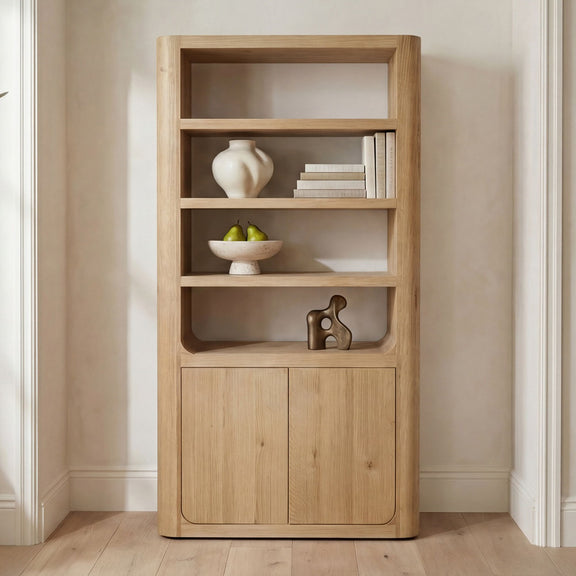 Natural oak tall cabinet with open shelves and two-door lower storage