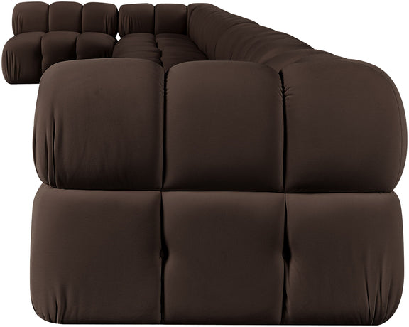 L-shaped velvet sectional sofa in dark brown with tufted seat cushions and rounded arm sections