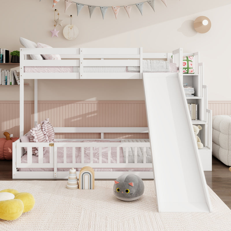 Twin Over Full Bunk Bed with Slide, Storage Staircase, Pine Solid Wooden Bunk Bed with Safety Guardrails, White