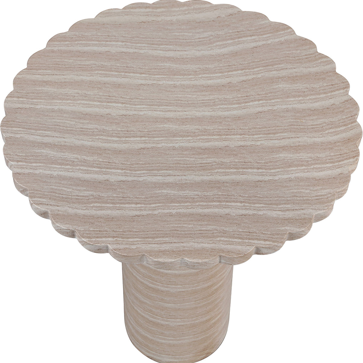 Indoor/outdoor table with round scalloped top and beige woodgrain pedestal base