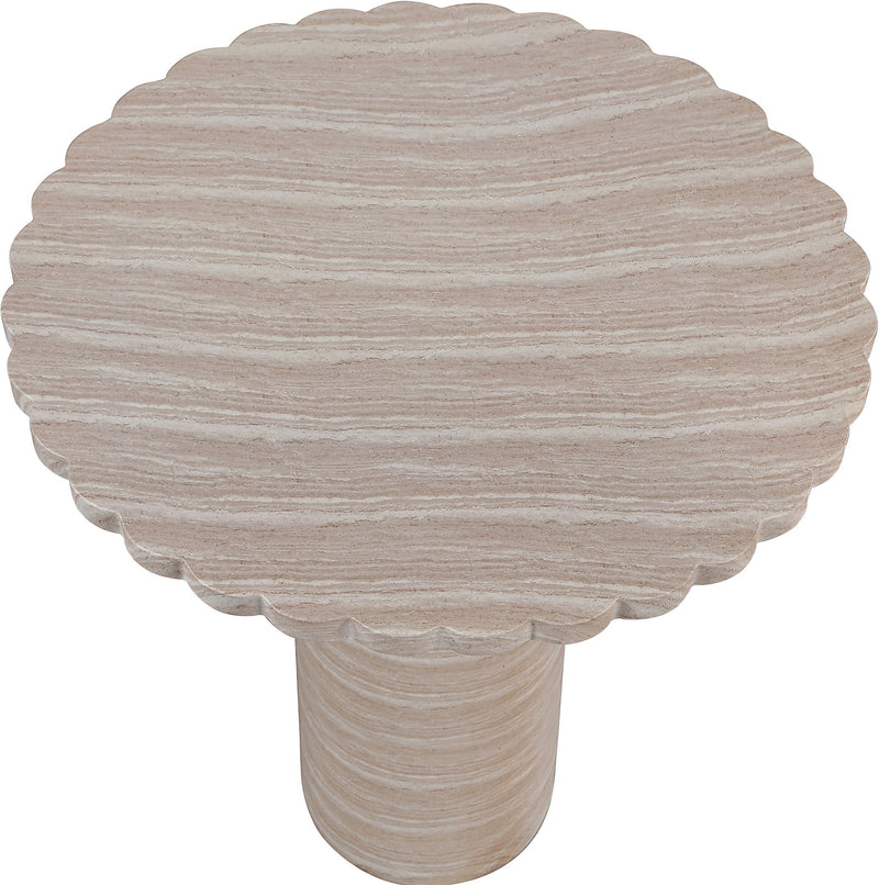 Indoor/outdoor table with round scalloped top and beige woodgrain pedestal base